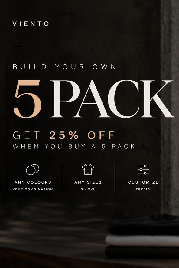 A promotional banner for a 5-pack of custom t-shirts. On the left, text reads 'VIENTO BUILD YOUR OWN 5 PACK GET 25% OFF WHEN YOU BUY A 5 PACK'.